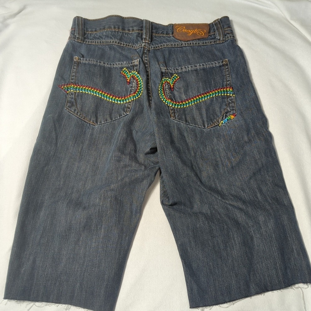 Coogi Mens Size 34 Cut Off Blue Jean Shorts With Rainbow Embroidered Pockets 408